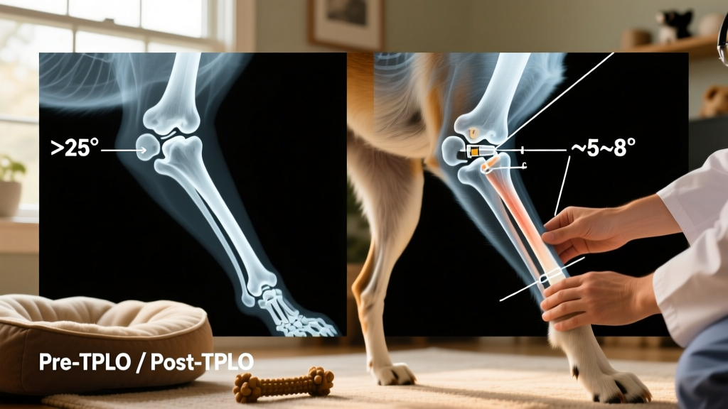 Side-by-side X-ray images showing pre- and post-TPLO tibial angles