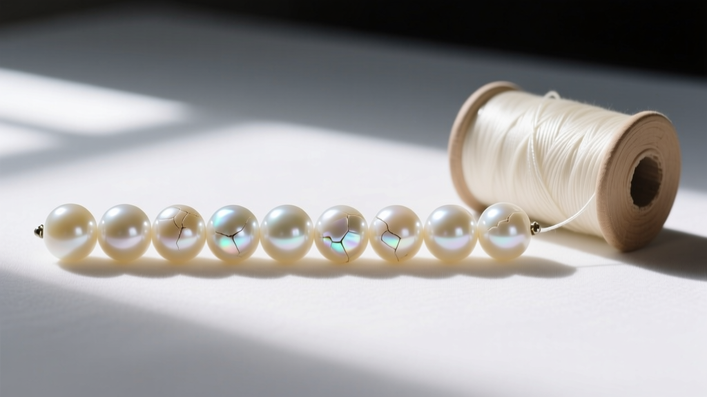 A strand of large simulated pearls with visible nacre wear near the drill holes, laid out next to a spool of pure silk bead cord.