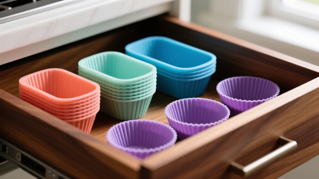 Stack of colorful reinforced silicone muffin cups and baking molds organized neatly inside a deep wooden kitchen drawer organizer