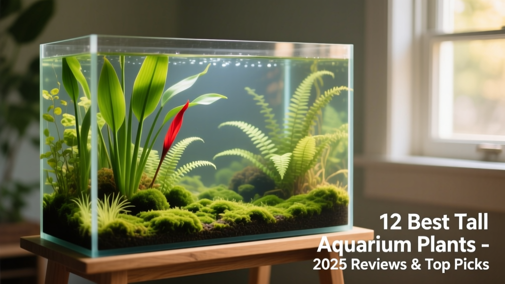 A lush, well-planted aquarium with tall green stems rising from the substrate behind midground ferns and foreground moss, creating layered depth
