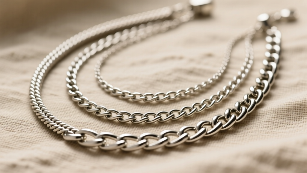 Flat lay of three layered silver necklaces, a 3mm rope, 6mm figaro, and 12mm Cuban link, arranged organically on raw linen fabric