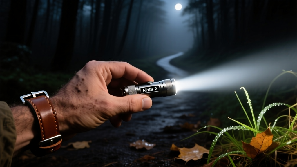Close-up of a hand wearing a leather watch strap holding a Nitecore TINI 2 flashlight illuminating a dark outdoor pathway at night