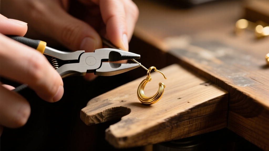 Hands using nylon-jaw pliers to adjust an 18k gold omega earring wire on a wooden jeweler bench under warm light.