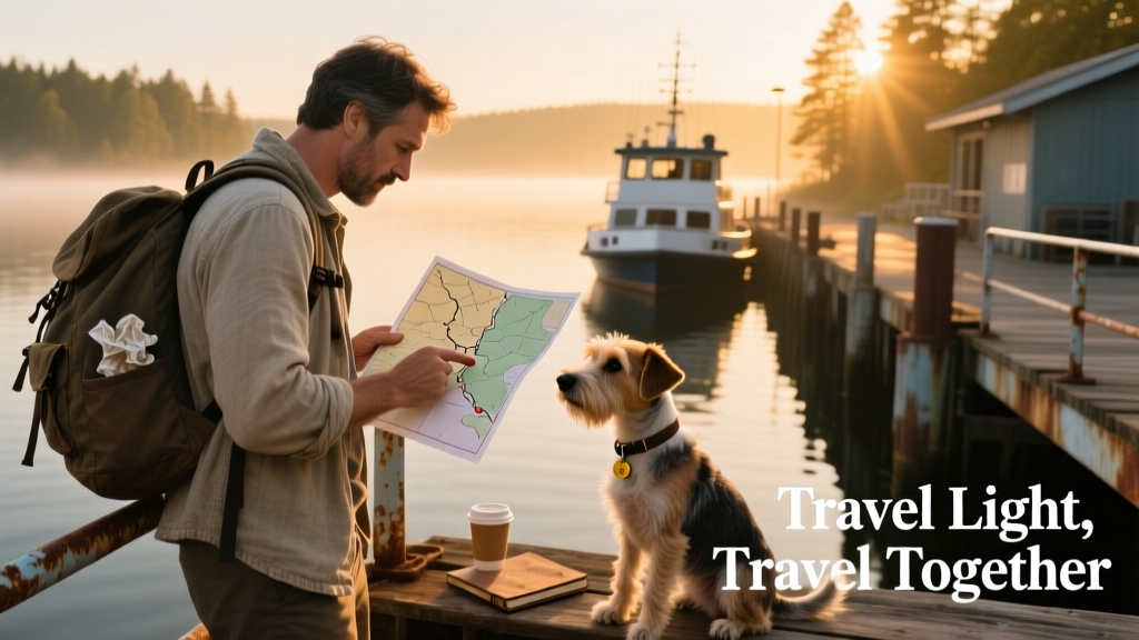 A traveler consulting a map while standing near a ferry terminal