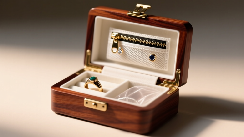 Miniature travel jewelry box showing a slotted ring roll and zippered mesh pocket for stud earrings under warm ambient lighting.