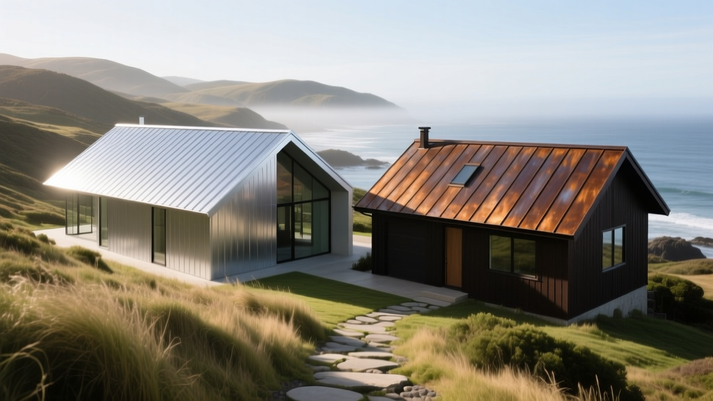 Coastal home with a silver aluminum standing seam roof beside an inland cabin featuring a dark bronze Galvalume steel metal roof