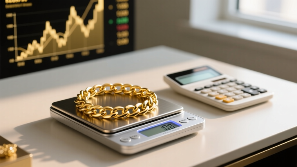 Digital scale weighing an 18k yellow gold Cuban chain, next to a calculator and a softly blurred gold spot price chart on a desk