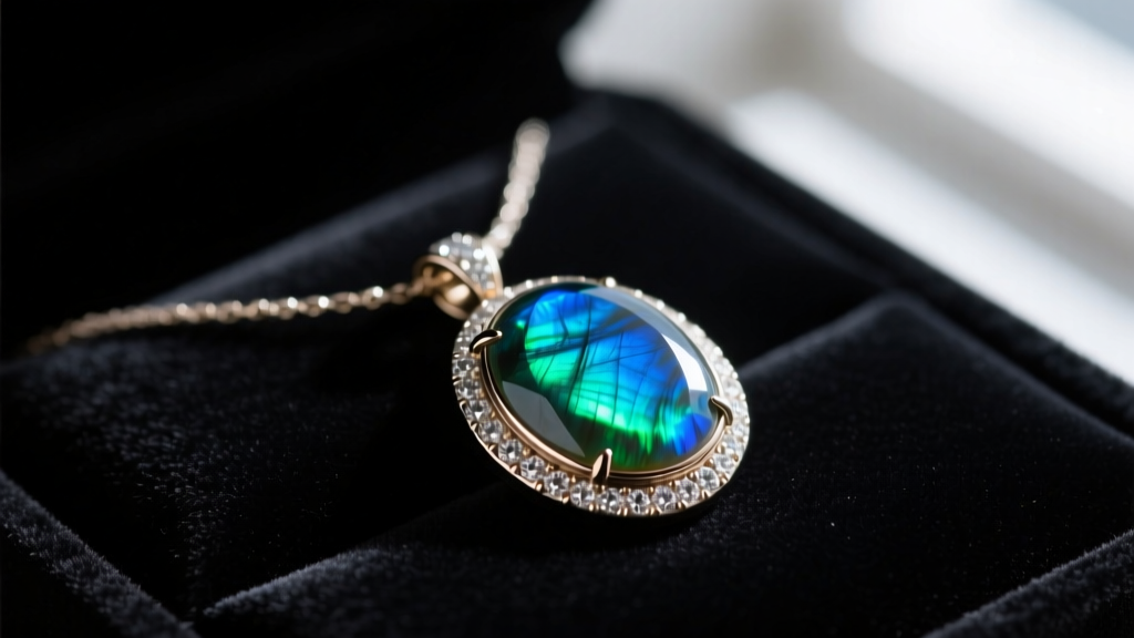 Close-up of a bezel-set labradorite pendant necklace on dark velvet, showing vivid electric blue and green labradorescence.