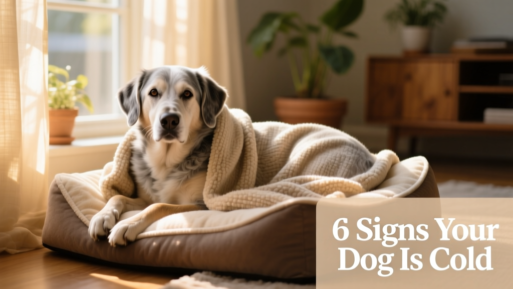 Senior dog resting comfortably on a heated dog bed beside a sunny window, wrapped in a soft blanket