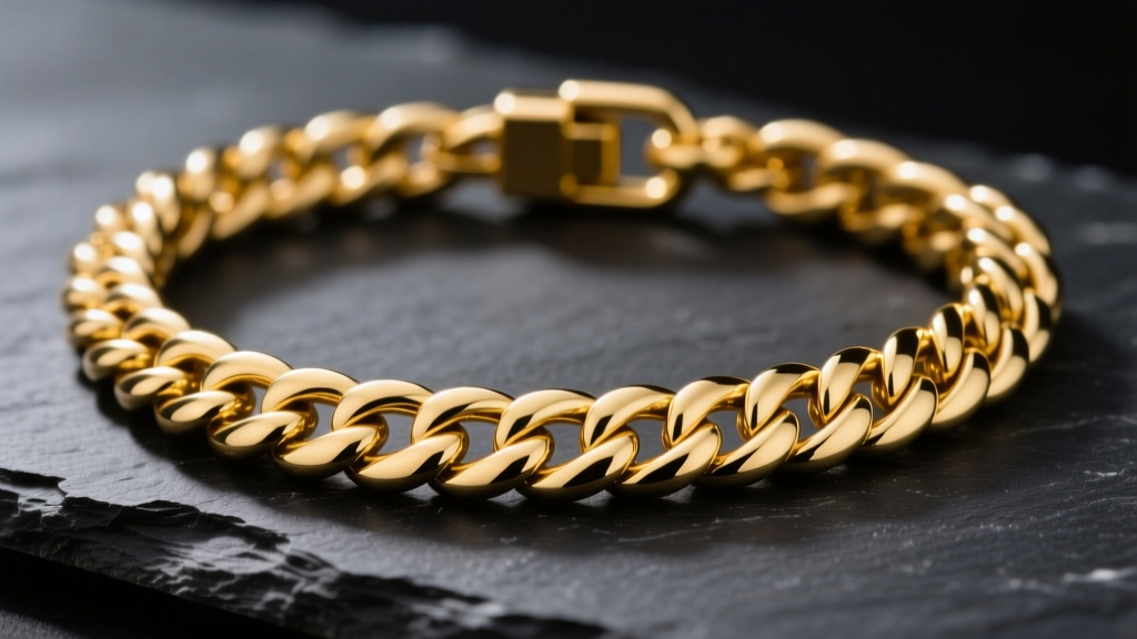 Macro shot of solid 14k yellow gold Cuban link necklace on dark slate, highlighting interlocking soldered links and clasp detail.