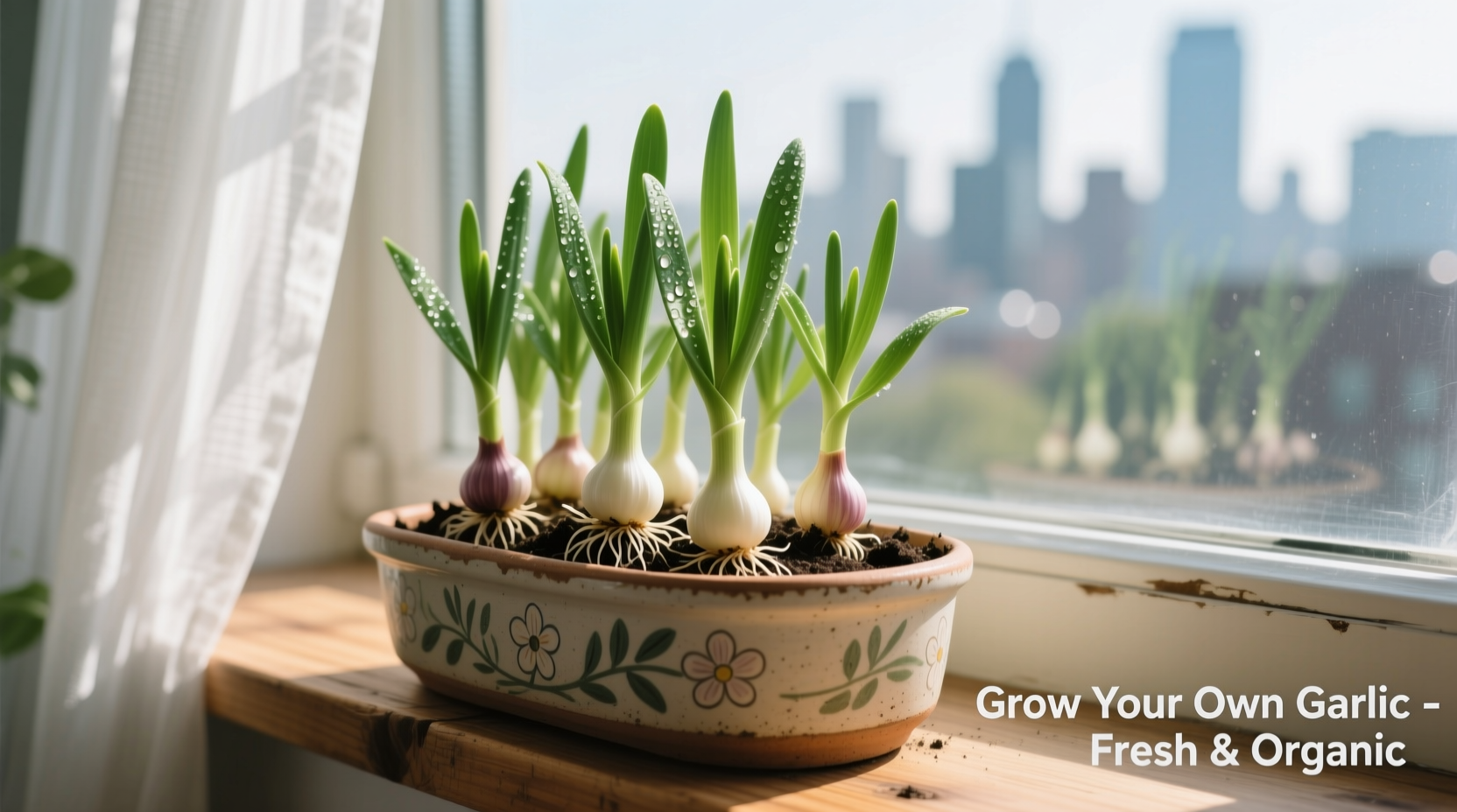 Indoor garlic growing in container on windowsill