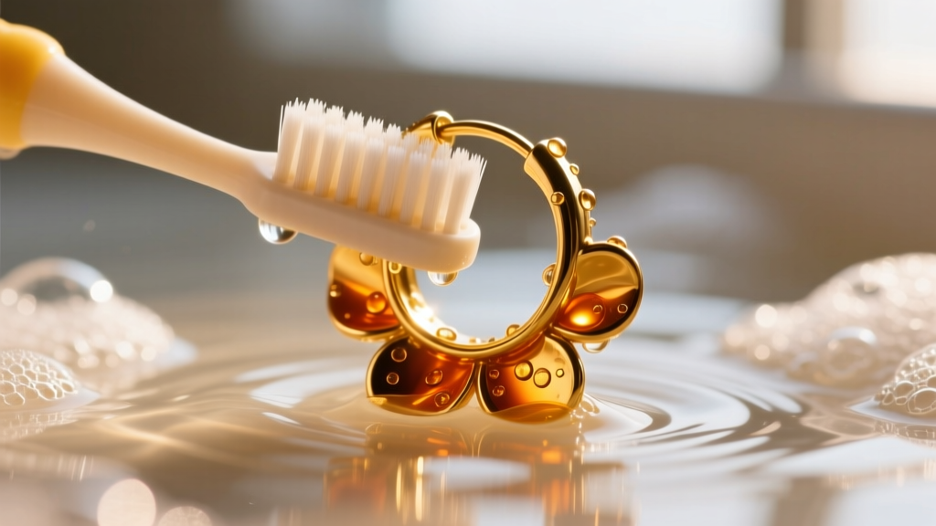 Soft-bristled baby toothbrush gently cleaning the crevices of a gold flower hoop earring in warm soapy water, macro photography.