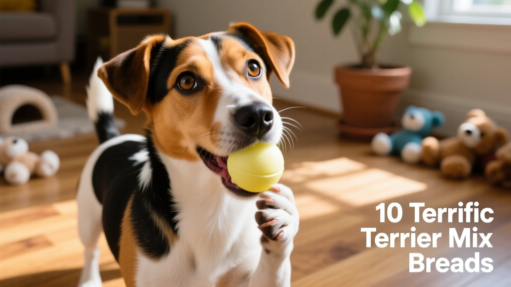 A mixed terrier breed looking up at the camera with a pale rubber ball held gently in its mouth