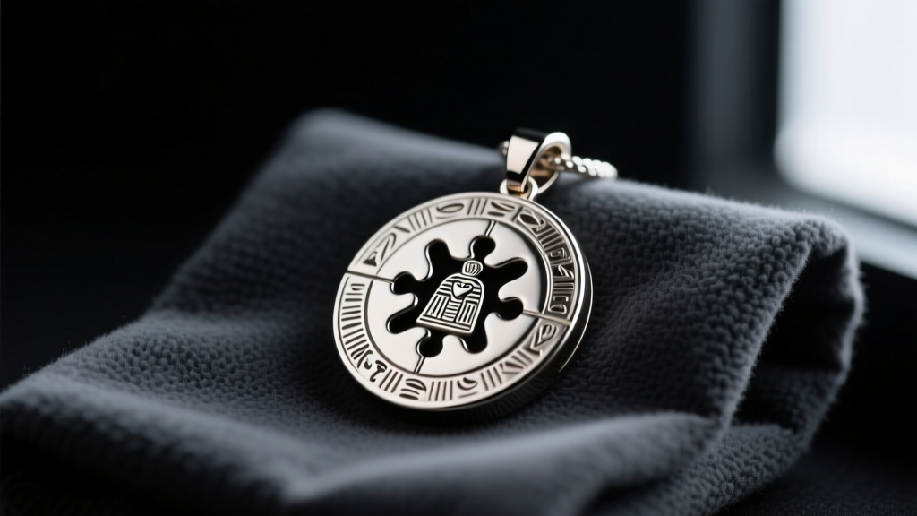Close-up of a metallic Millennium Puzzle pendant on a dark microfiber cloth, soft lighting highlighting engraved hieroglyphs.