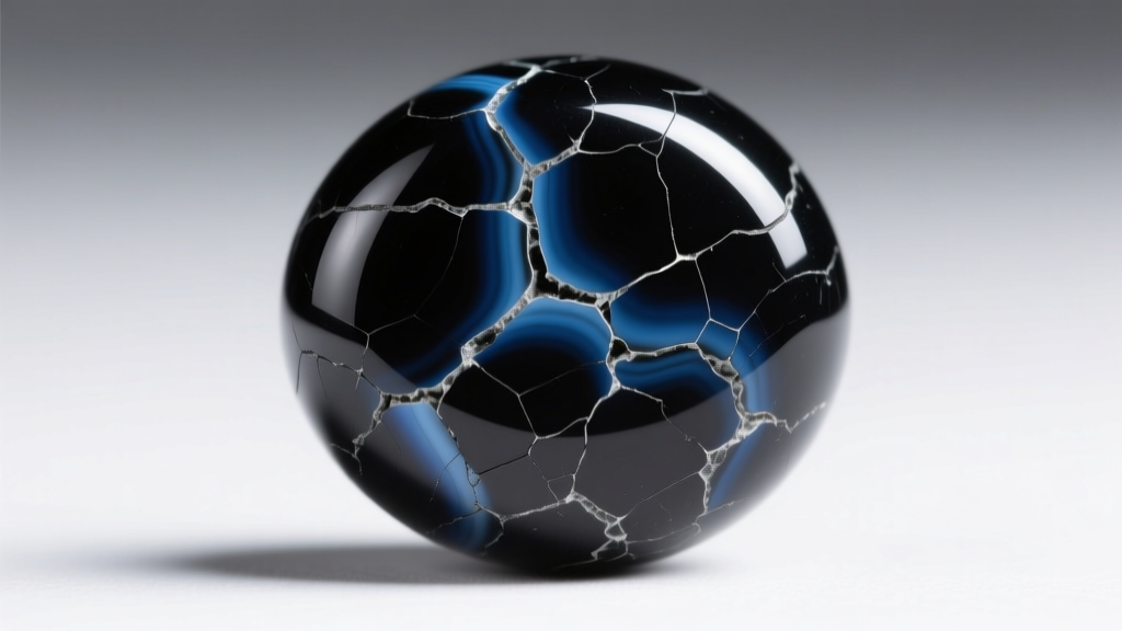 Macro shot of a black onyx bead showing concentrated dark dye pooling inside natural surface fractures and microscopic cracks