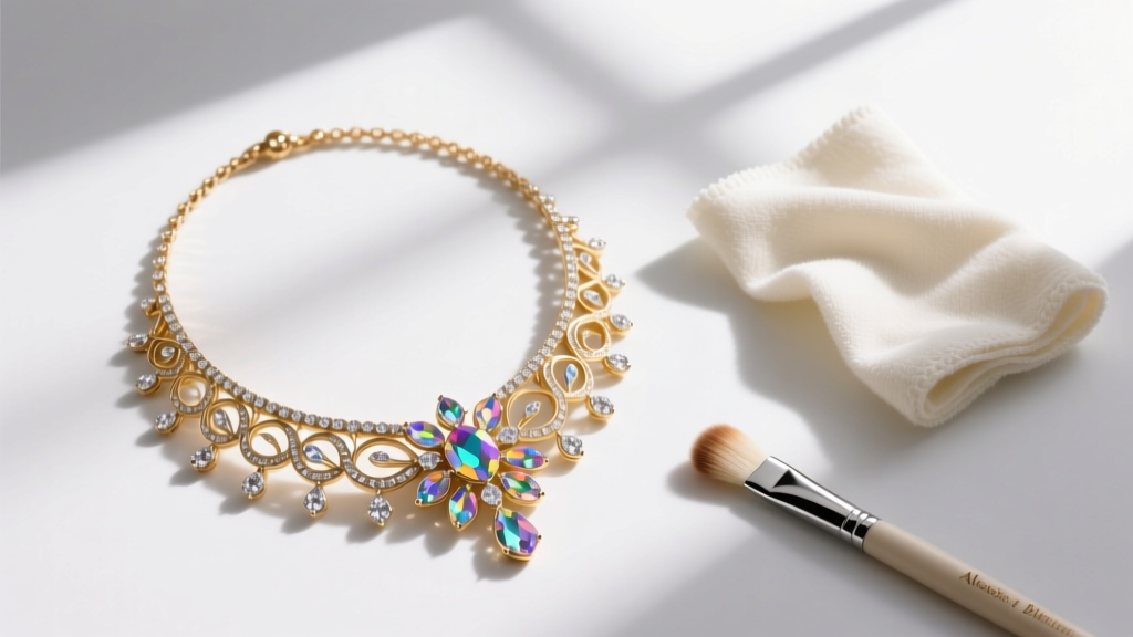Flat lay of Alexis Bittar Solanales necklace beside a microfiber polishing cloth and soft brush for crystal and gold maintenance.