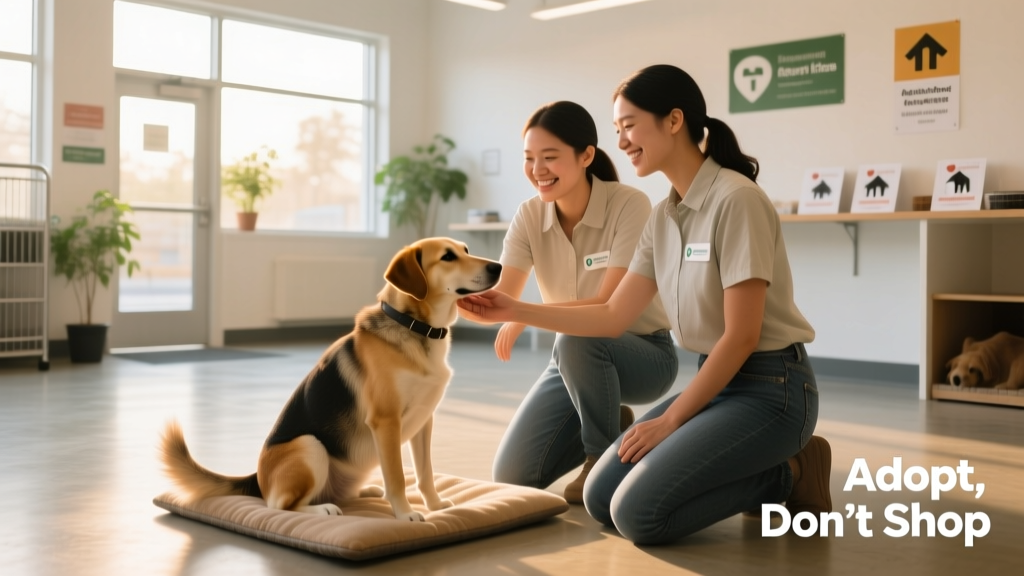Two volunteers interacting calmly with a relaxed, leashed dog inside a clean, sunlit rescue facility