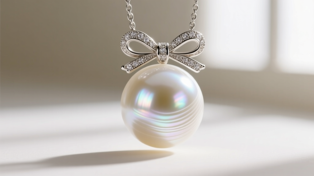 Macro shot of an AAA-grade white Akoya pearl attached to a delicate platinum bow, highlighting sharp luster and thick nacre.