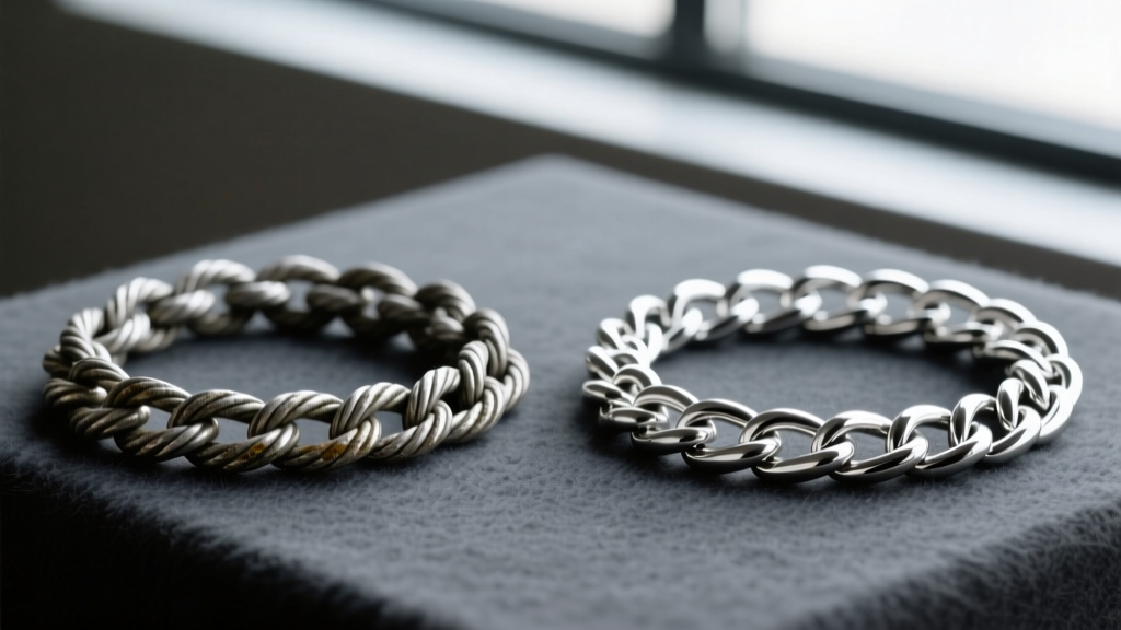Side-by-side macro shot of a tarnished sterling silver rope chain and a bright Argentium silver curb chain on dark grey felt.