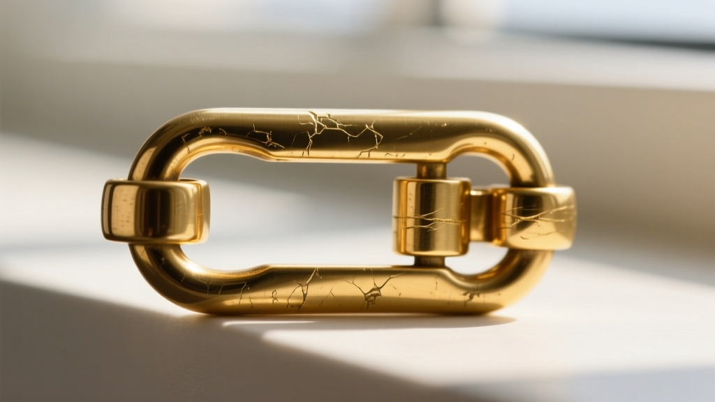 Macro shot of a 14k gold-plated brass jewelry lobster clasp showing slight wear on the gold plating near the hinge mechanism.
