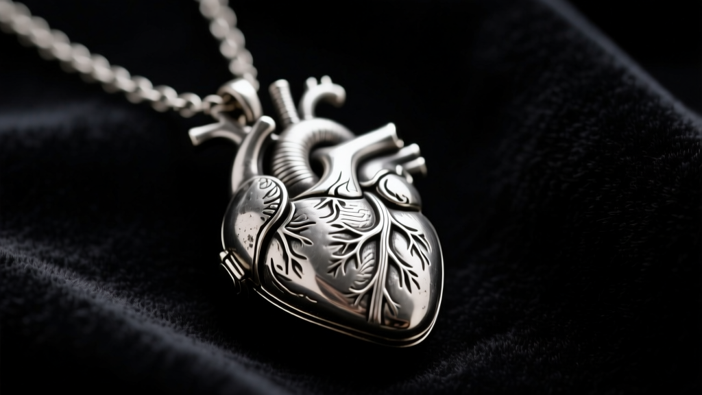 Close-up of an oxidized sterling silver anatomical heart locket necklace resting on black velvet, moody cinematic lighting, macro