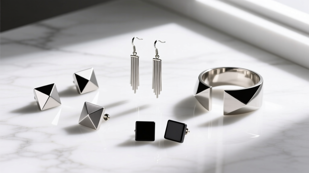 Flat lay of an earring capsule collection featuring titanium geometric studs, drop earrings, and an ear cuff on white marble.