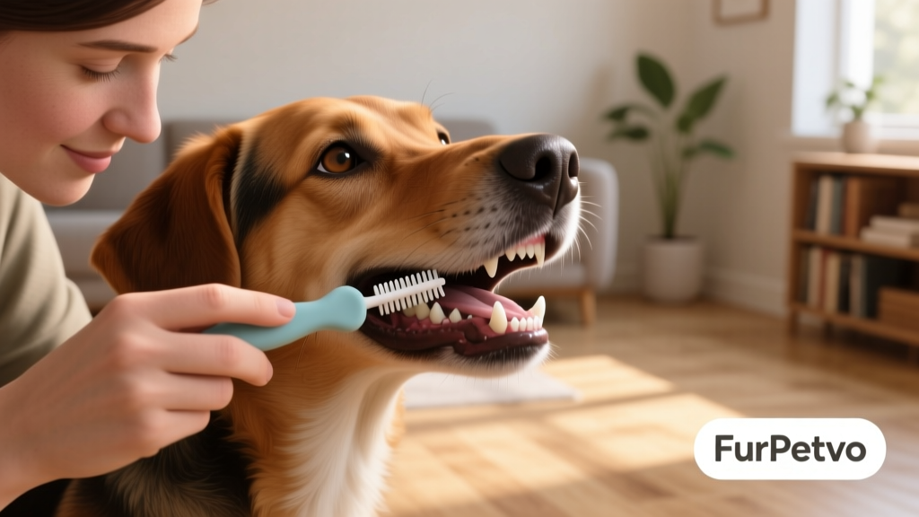 Person brushing a dog's teeth with a FurPetVo fingertip brush, focusing on the outer gum line of upper molars