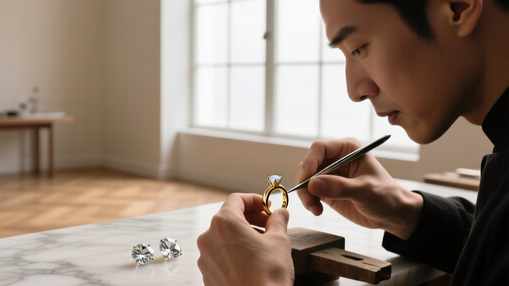 Jeweler's loupe view of a gold prong setting holding a scratched prehnite stone, revealing a gap between metal and the gem edge