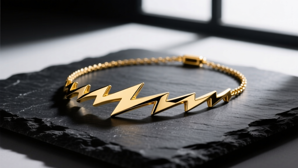 Macro shot of a 14k yellow gold lightning bolt necklace on dark slate, showing sharp beveled edges under high-contrast lighting.