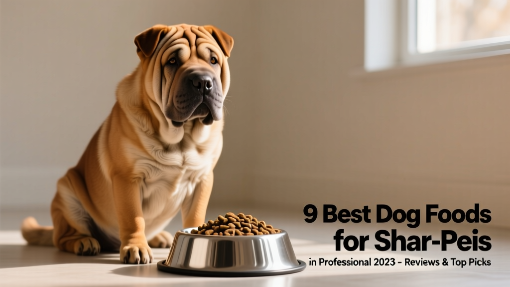 A healthy adult Shar-Pei sitting calmly beside a clean stainless-steel food bowl filled with kibble