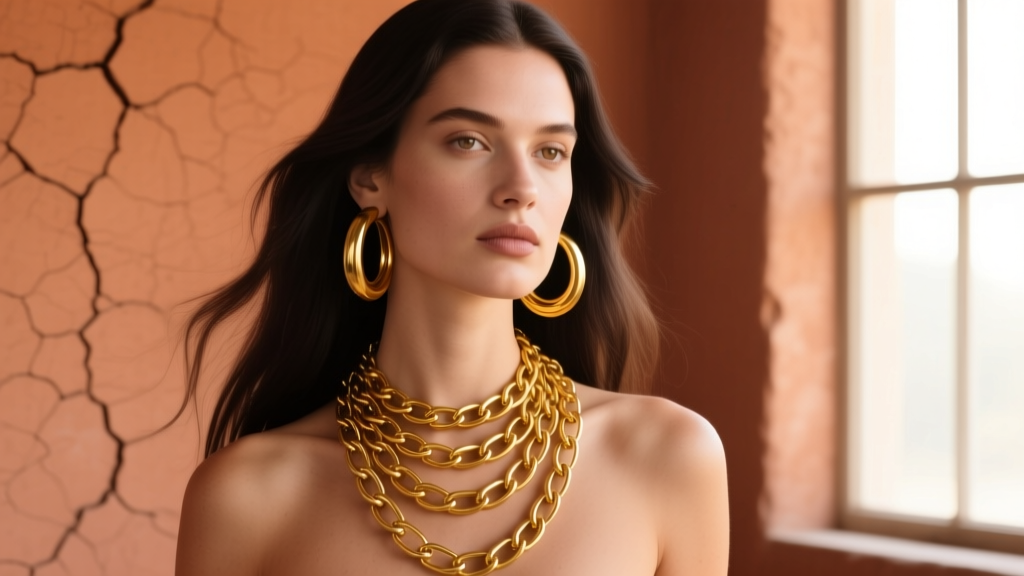 Editorial shot of a model wearing layered raw yellow brass chain necklaces and chunky hoops against a warm terracotta background.