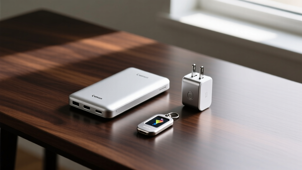 Flat lay of premium travel gadgets including a silver power bank, universal adapter, and tracking tag on a dark wood desk