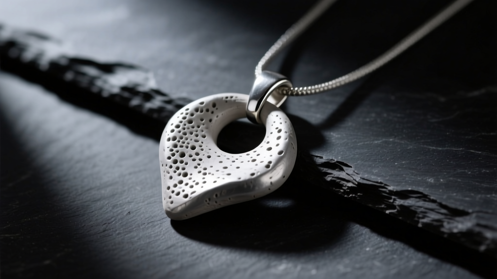 Textured silver clay pendant resting on dark slate, illuminated by soft directional light highlighting the porous matte finish.