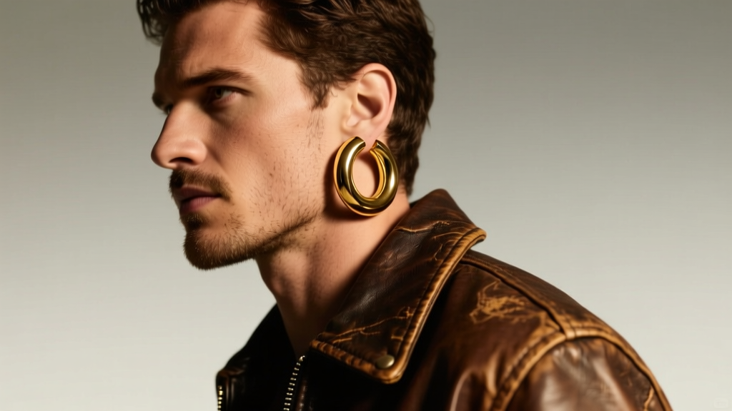 Rugged male model in vintage leather jacket showcasing 14k solid gold 40mm tubular hoop earrings under warm studio lighting setup