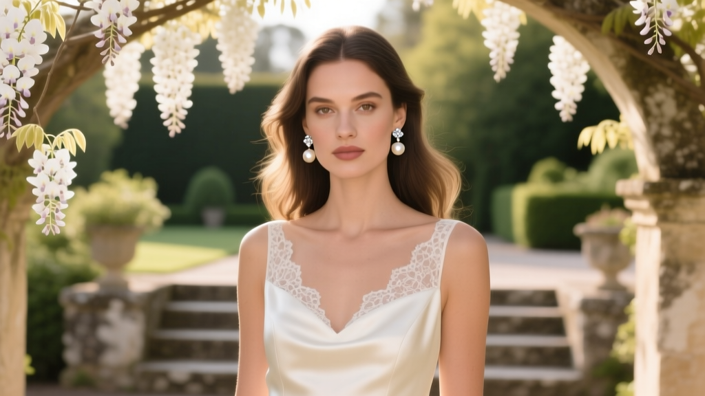 Elegant bride wearing diamond and Akoya pearl drop earrings inspired by quiet luxury wedding trends, soft natural lighting