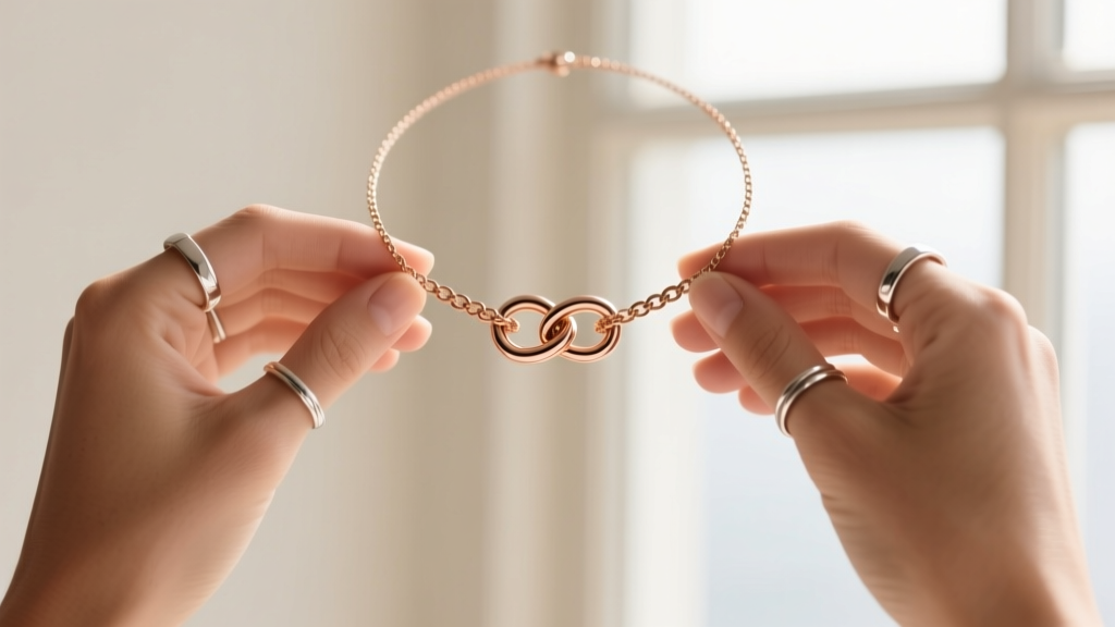 Hands tying a rose gold lariat necklace into a lark's head knot, showing the loop and tail against a soft neutral background.
