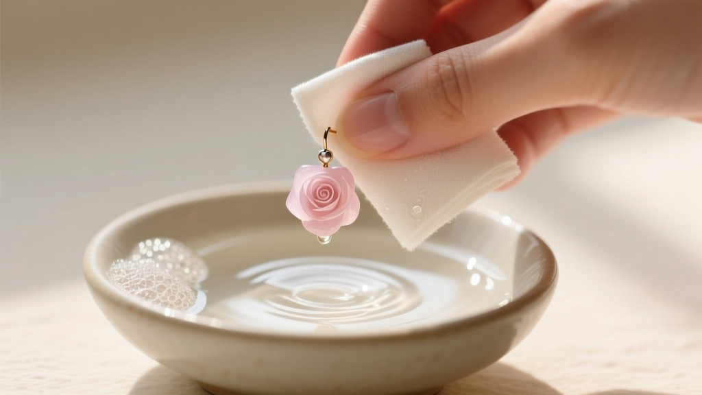 Hands gently wiping a pale pink rose quartz stud earring with a damp microfiber cloth over a small ceramic bowl of soapy water