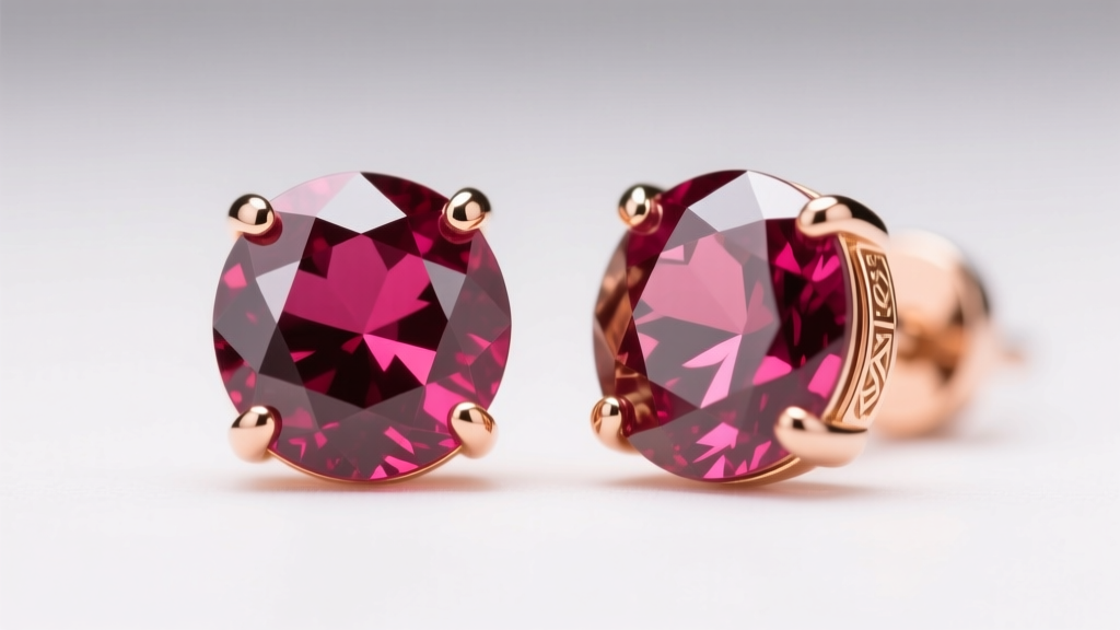 Macro shot of 18k rose gold rhodolite garnet stud earrings, highlighting deep raspberry red facets under bright studio lighting.