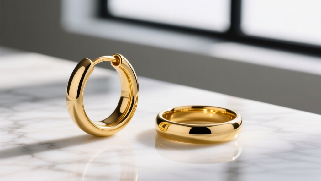 Macro shot comparing the color difference between a polished 14k yellow gold hoop and an 18k gold hoop on a white marble surface.