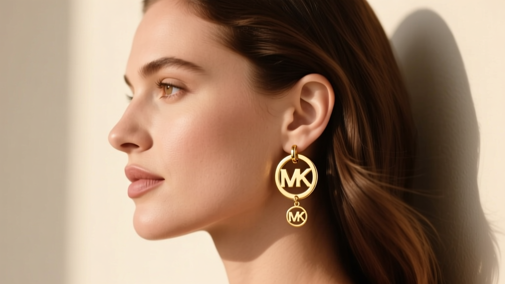 Side profile of a woman wearing medium gold-tone Michael Kors hoop earrings with the iconic MK logo charm dangling slightly