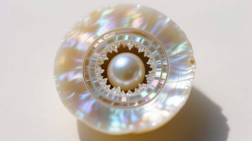 Macro photo of a pearl drill hole revealing concentric layers of nacre over a bead nucleus, highlighting authentic structure