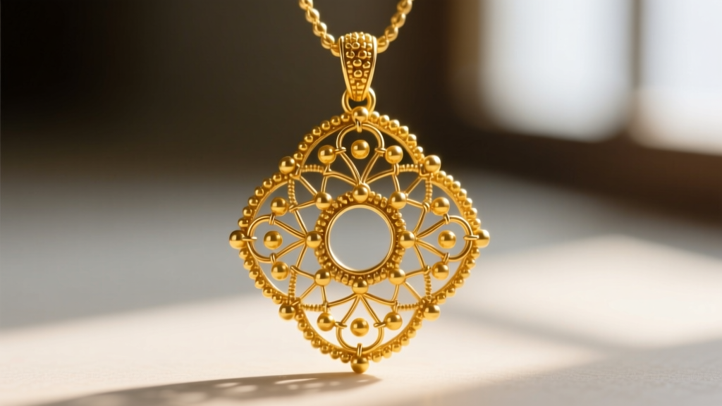 Macro shot of ancient gold granulation and filigree techniques on a 20k yellow gold pendant, showing intricate solder joints.