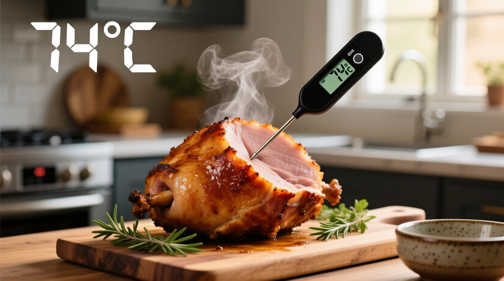 Digital thermometer checking ham temperature in kitchen