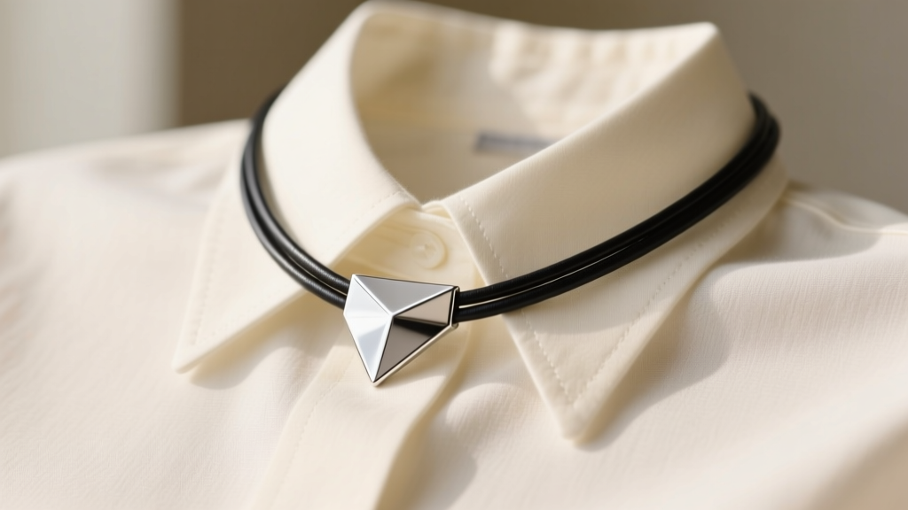 Minimalist sterling silver bolo tie necklace on a cream linen shirt, featuring a geometric slide and thin black leather cord.