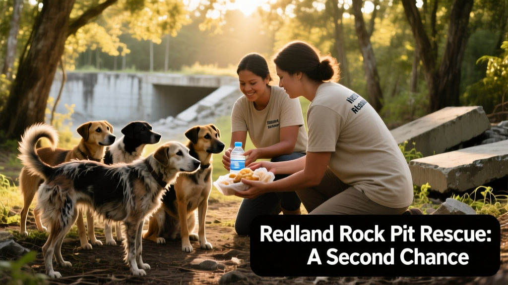 Volunteers distributing food and water to dogs in a wooded Redland area