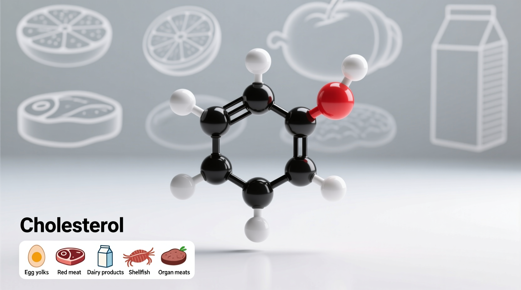 Cholesterol molecule structure with food sources