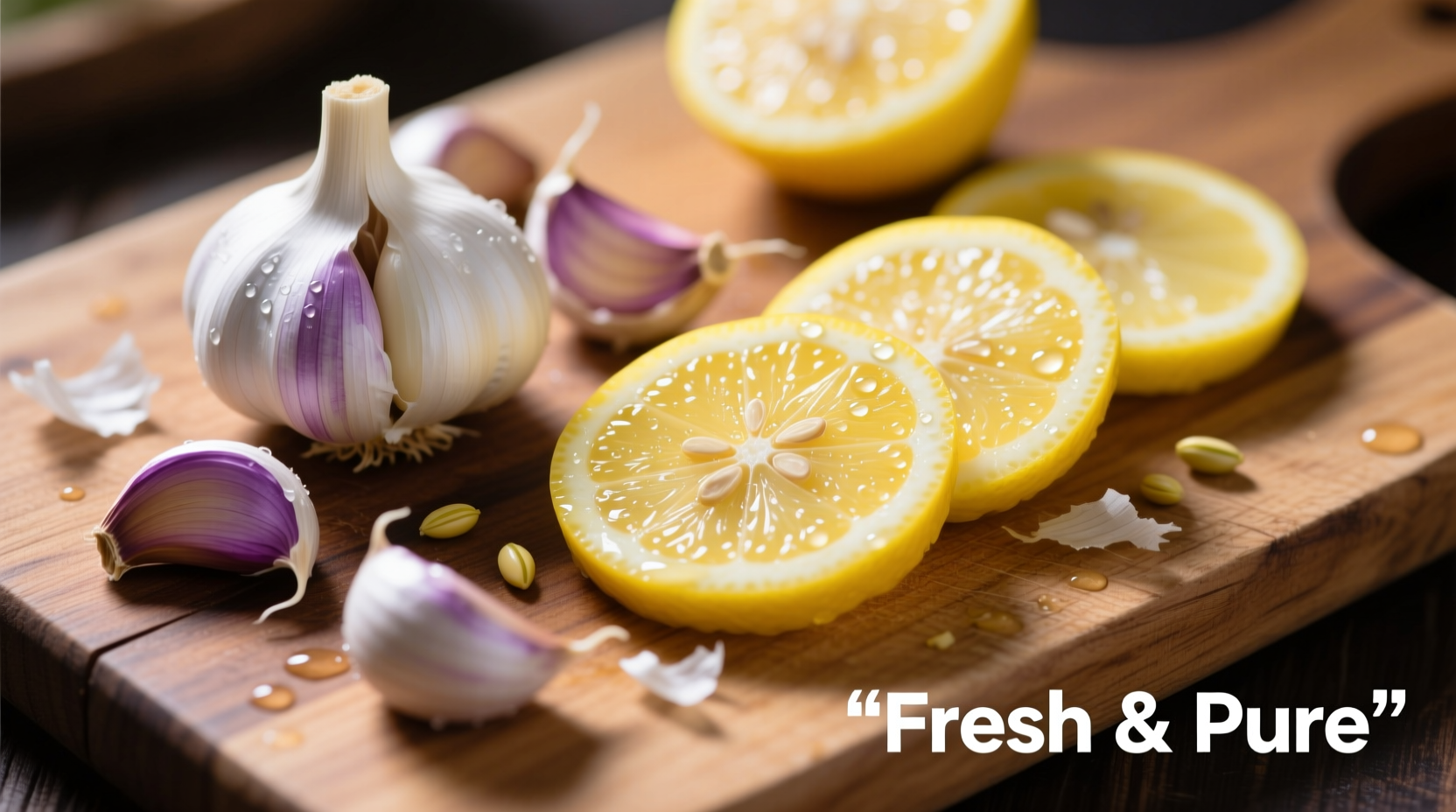 Fresh garlic cloves and sliced lemons on wooden cutting board