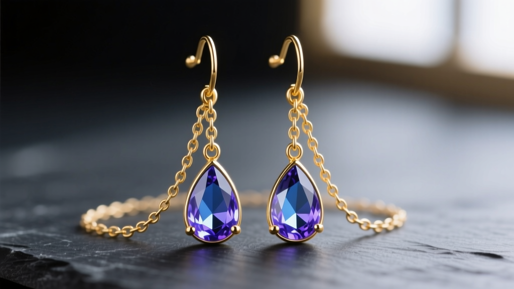Macro shot of 18k gold rain earrings with 0.6mm cable chains cascading into teardrop aquamarine gems on a dark slate background.