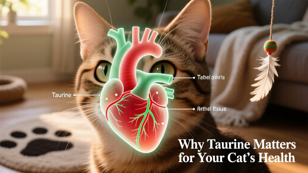 Close-up of a healthy cat’s eyes and heart diagram highlighting taurine’s role in retinal and cardiac tissue