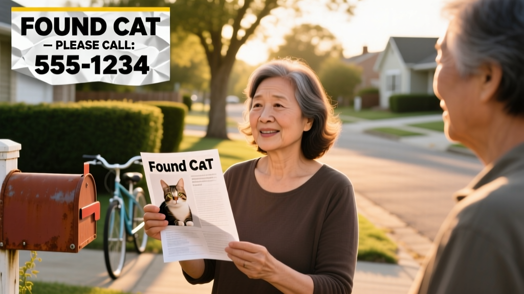 A person holding up a printed 'Found Cat' flyer while speaking with a neighbor on a quiet suburban street
